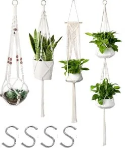 Spieringstore® 4 Stuks Plantenhangers - Boho Handgeweven Katoen Hangpot Voor Binnen/Buiten - Bloempot Met Kralen - Macramé Touw/Koord Hangplant Houder - Bohemian Wandhanger Decoratie - Verticale Tuin Plant Hanger Bloempothouder Planthanger Wit