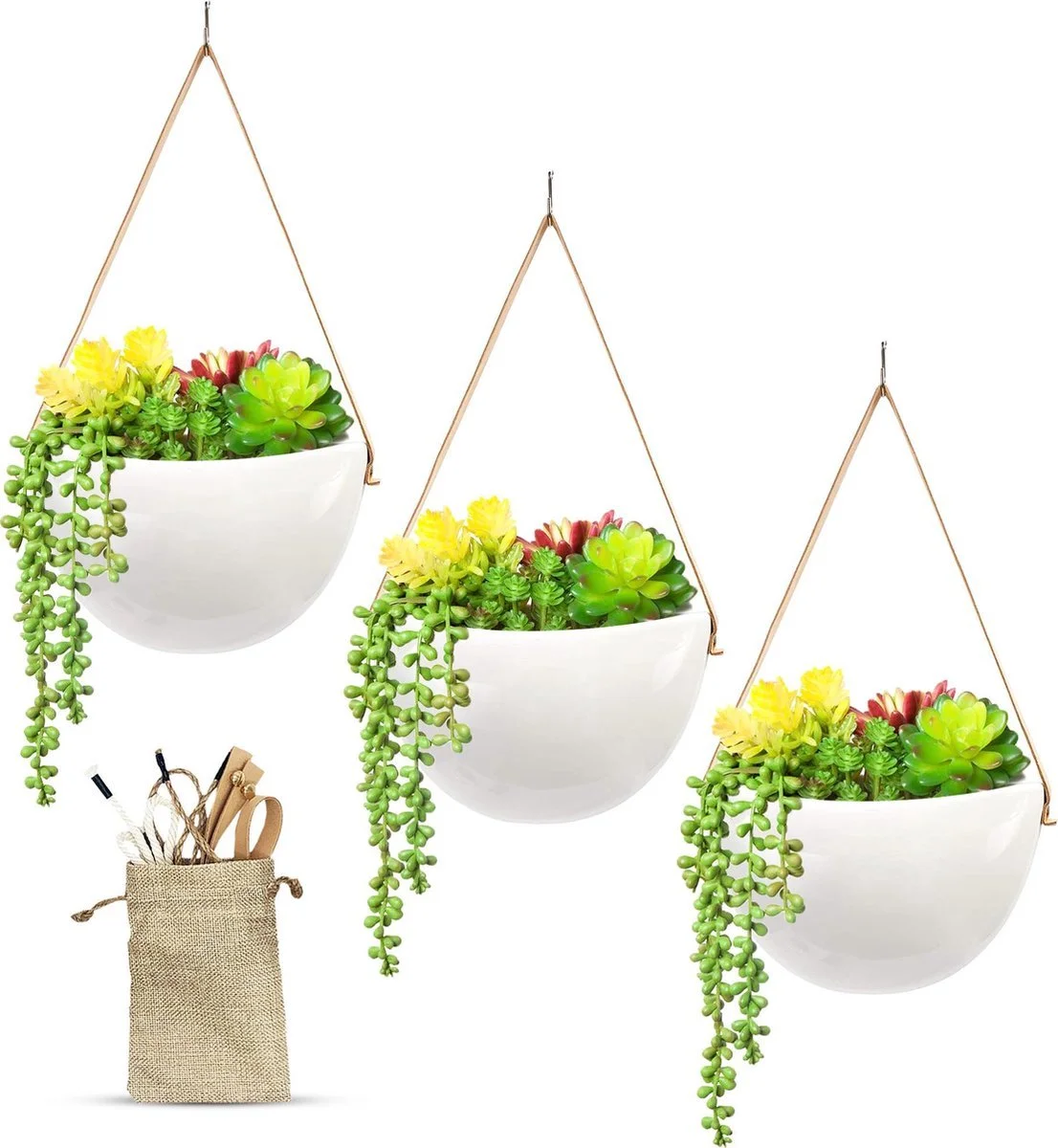 Lido Plantenhanger Keramiek – Set Van 3 – Wit Steen- Hangpot – Hangende Bloempot Plantenpot - 3 Verschillende Koorden - 18 X 11 X 7 Cm 3 Lido Plantenhanger Keramiek – Set Van 3 – Wit Steen- Hangpot – Hangende Bloempot Plantenpot - 3 Verschillende Koorden - 18 X 11 X 7 Cm - Afbeelding 3