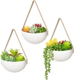 Lido Plantenhanger Keramiek – Set Van 3 – Wit Steen- Hangpot – Hangende Bloempot Plantenpot - 3 Verschillende Koorden - 18 X 11 X 7 Cm