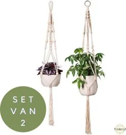 Fienosa® Plantenhanger - Plantenhanger Macrame - Set Van 2 - Wit - Knopen - Luxe Gevlochten Touw - Met Ophang Haken - Fienosa -Bloem Garden Verkoop 1118x1200