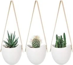 Merkloos Plantenhanger Keramiek – Set Van 3 – Steen- Hangpot – Hangende Bloempot Plantenpot Met 3 Verschillende Koorden – 12 X 11 X 9.5 Cm