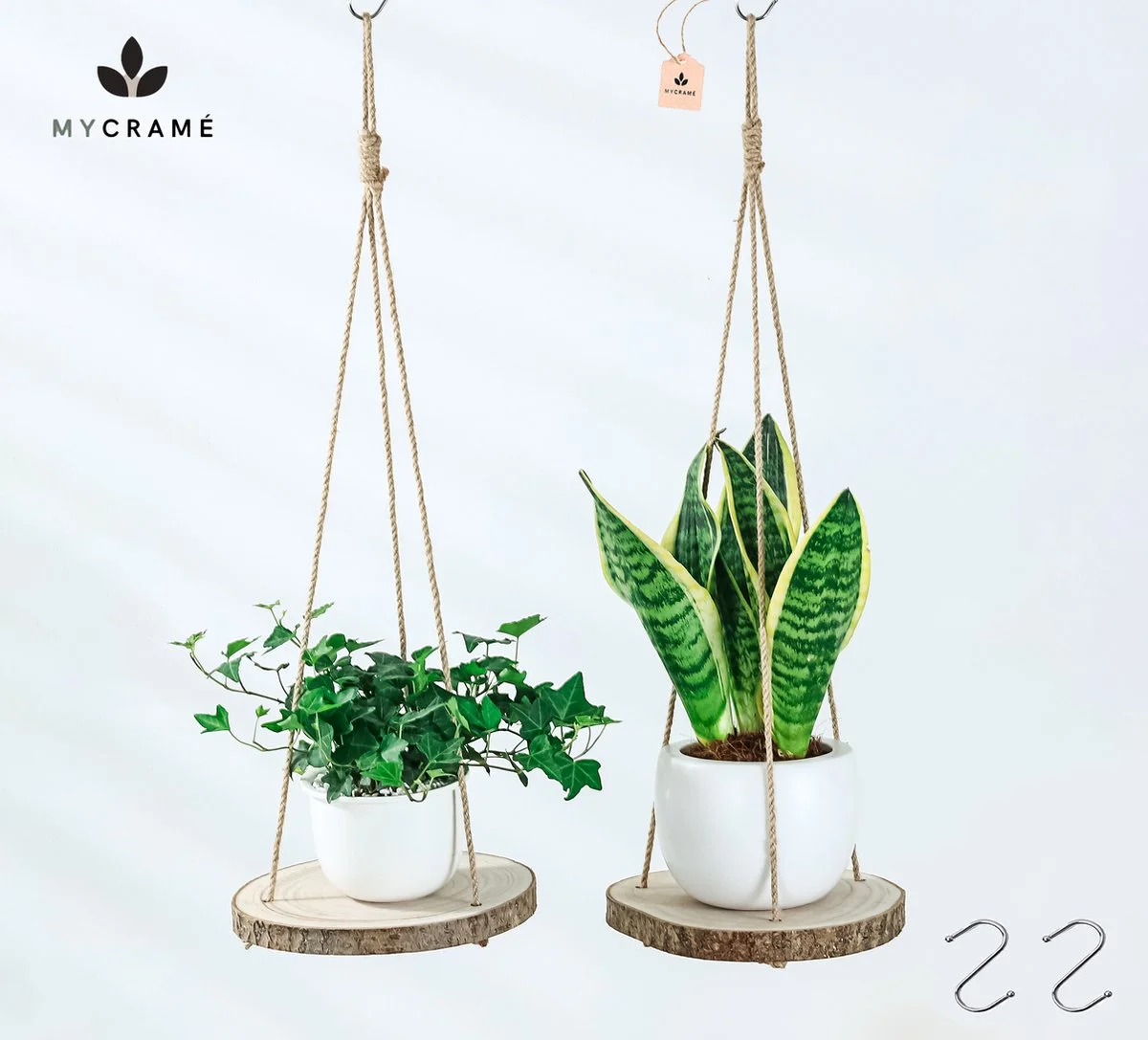 Mycramé Set Van 2 Boomstam Rond Wandrek Plantenhangers - Boho Jute Houten Plantenrek - Hangpot Voor Binnen/Buiten - Hangende Bloempot Plank - Hangplant Houder - Bohemian Macrame Stijl Wandhanger - Hangplank Plant Hanger - Planthanger - Ø Rond 25-20cm 2 Mycramé Set Van 2 Boomstam Rond Wandrek Plantenhangers - Boho Jute Houten Plantenrek - Hangpot Voor Binnen/Buiten - Hangende Bloempot Plank - Hangplant Houder - Bohemian Macrame Stijl Wandhanger - Hangplank Plant Hanger - Planthanger - Ø Rond 25-20cm - Afbeelding 2