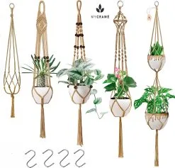 Mycramé 5 Stuks Jute Macrame Plantenhangers - Boho Handgeweven Katoen Hangpot Voor Binnen/Buiten - Hangende Bloempot Met Kralen - Macramé Touw/Koord Hangplant Houder - Bohemian Wandhanger Decoratie - Plant Hanger - Verticale Tuin Bloempothouder Planthanger