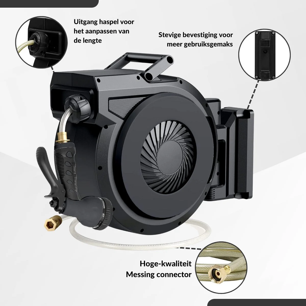 Buxibo - Wandslangenbox 20 Meter + 2 Meter - Tuinslang Met Haspel - 9 Sproei Standen - Slangenhouder 180° Draaibaar - Tuinslanghaspel Zwart+ Gratis Sproeier - Zwart 12 Buxibo - Wandslangenbox 20 Meter + 2 Meter - Tuinslang Met Haspel - 9 Sproei Standen - Slangenhouder 180° Draaibaar - Tuinslanghaspel Zwart+ Gratis Sproeier - Zwart - Afbeelding 12