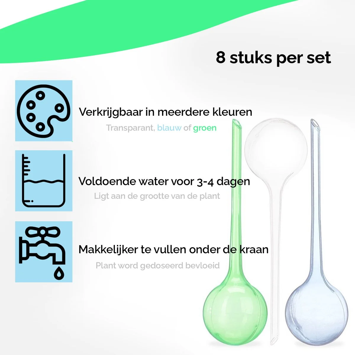 HGMD® HGMD Waterdruppelaar Set Van 8 Stuks Voor Planten Transparant - Groen - Waterdruppelaar Voor Kamerplanten – Waterbol - Waterdruppelaar Voor Planten - Watergeefsysteem 2 HGMD® HGMD Waterdruppelaar Set Van 8 Stuks Voor Planten Transparant - Groen - Waterdruppelaar Voor Kamerplanten – Waterbol - Waterdruppelaar Voor Planten - Watergeefsysteem - Afbeelding 2