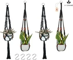 Mycramé 4 Stuks Zwarte Macrame Plantenhangers - Boho Handgeweven Katoen Hangpot Voor Binnen/Buiten - Hangende Bloempot Met Kralen - Macramé Touw/Koord Hangplant Houder - Bohemian Wandhanger Decoratie - Plant Hanger - Verticale Tuin Bloempothouder Planthanger