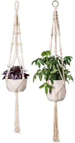 Fienosa® Plantenhanger - Plantenhanger Macrame - Set Van 2 - Wit - Knopen - Luxe Gevlochten Touw - Met Ophang Haken - Fienosa