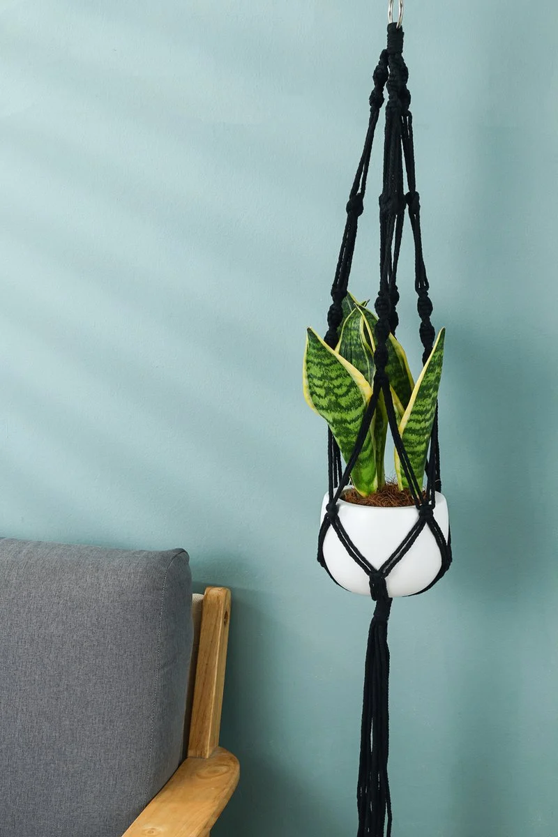 Mycramé 4 Stuks Zwarte Macrame Plantenhangers - Boho Handgeweven Katoen Hangpot Voor Binnen/Buiten - Hangende Bloempot Met Kralen - Macramé Touw/Koord Hangplant Houder - Bohemian Wandhanger Decoratie - Plant Hanger - Verticale Tuin Bloempothouder Planthanger 4 Mycramé 4 Stuks Zwarte Macrame Plantenhangers - Boho Handgeweven Katoen Hangpot Voor Binnen/Buiten - Hangende Bloempot Met Kralen - Macramé Touw/Koord Hangplant Houder - Bohemian Wandhanger Decoratie - Plant Hanger - Verticale Tuin Bloempothouder Planthanger - Afbeelding 4