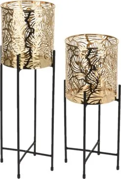 Bellatio Design Set Van 2x Stuks Plantenpotten Goud Op Metalen Standaard 35 Cm En 45 Cm Hoogte