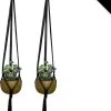 Merkloos Luxe Plantenhangers | Zwart | Set Van 2 Stuks | 100% Katoen | 100% Handgemaakt | Houten Ring | Macramé | Plantenpot Ophangen | Binnen & Buiten | Planten | TheOldOmen |