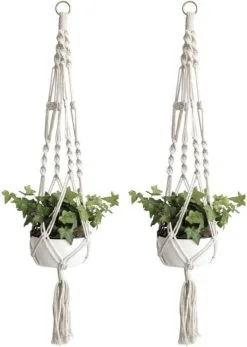Merkloos Plantenhanger Macramé - Luxe Gevlochten Touw Katoen - 2 Stuks - Plantenpot Ophangen