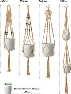 Mycramé 4 Stuks Luxe Jute Plantenhangers - Boho Handgeweven Katoen Hangpot Voor Binnen/Buiten - Hangende Bloempot Met Kralen - Macramé Touw/Koord Hangplant Houder - Bohemian Wandhanger Decoratie - Plant Hanger - Verticale Tuin Bloempothouder Planthanger -Bloem Garden Verkoop 913x1200