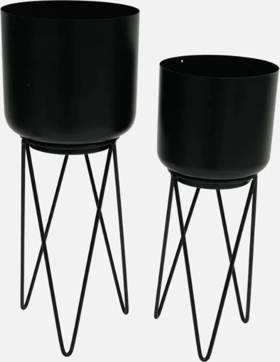Merkloos Set Metalen Pot Op Standaard - 2 Stuks - Ø 15 X 38,5 Cm + Ø 12,5 X 33,5 Cm - Zwart 1 Merkloos Set Metalen Pot Op Standaard - 2 Stuks - Ø 15 X 38,5 Cm + Ø 12,5 X 33,5 Cm - Zwart